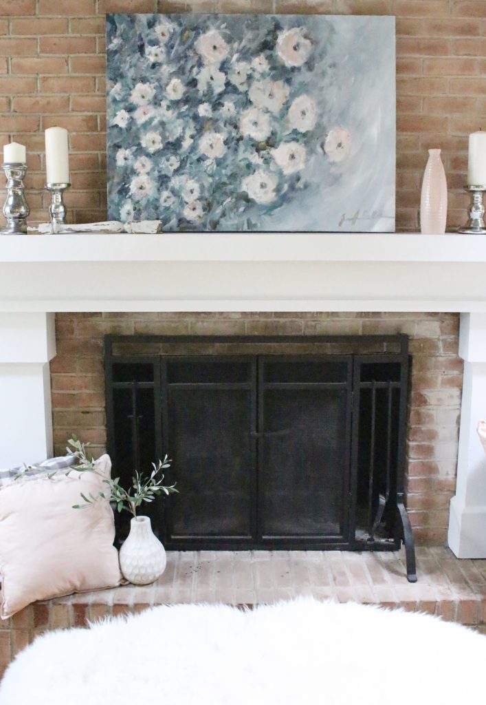 Artwork- flowers- painting- muted colors- wall gallery- home decor ideas- painting- Jennifer Collander- art- wall decor ideas- summer- fresh- room decor- pastel color palette- summer mantel decor- decorating your mantel