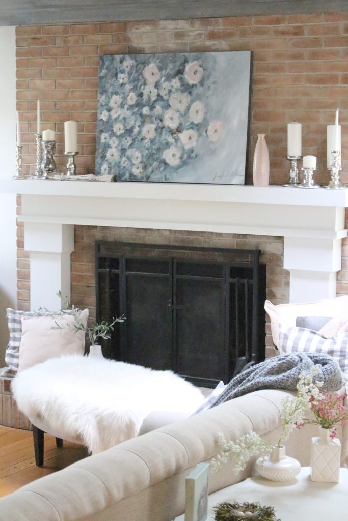 Artwork- flowers- painting- muted colors- wall gallery- home decor ideas- painting- Jennifer Collander- art- wall decor ideas- summer- fresh- room decor- pastel color palette- mantel- mantles- decorating your mantel- seasonal decor- summer mantel