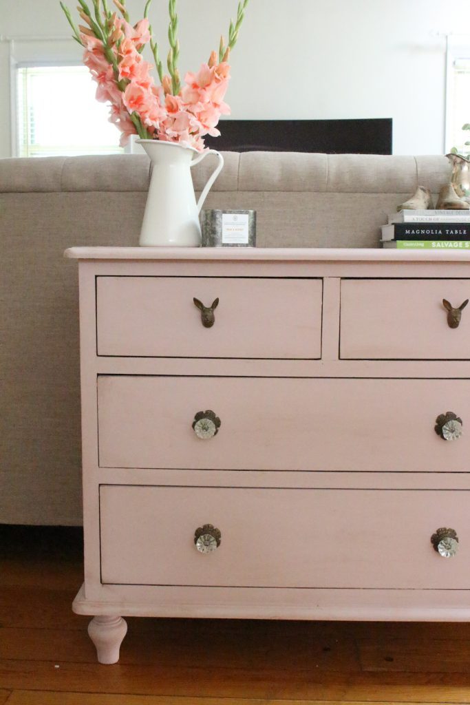Pink paint- dresser- thrift store furniture- Annie Sloan- chalk paint- shabby chic- painted furniture- antique brass pulls- knobs- living spaces- home design ideas- decor ideas- painted ceiling- farmhouse style- living room- family room- decorating- crystal knobs