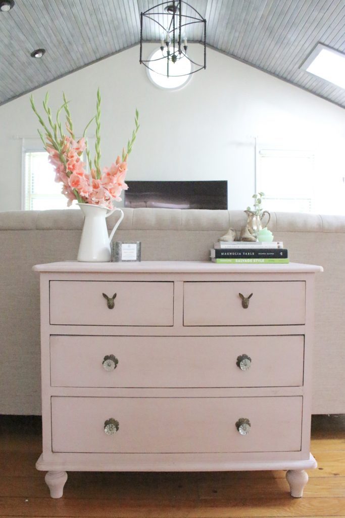 Pink paint- dresser- thrift store furniture- Annie Sloan- chalk paint- shabby chic- painted furniture- antique brass pulls- knobs- living spaces- home design ideas- decor ideas- painted ceiling- farmhouse style