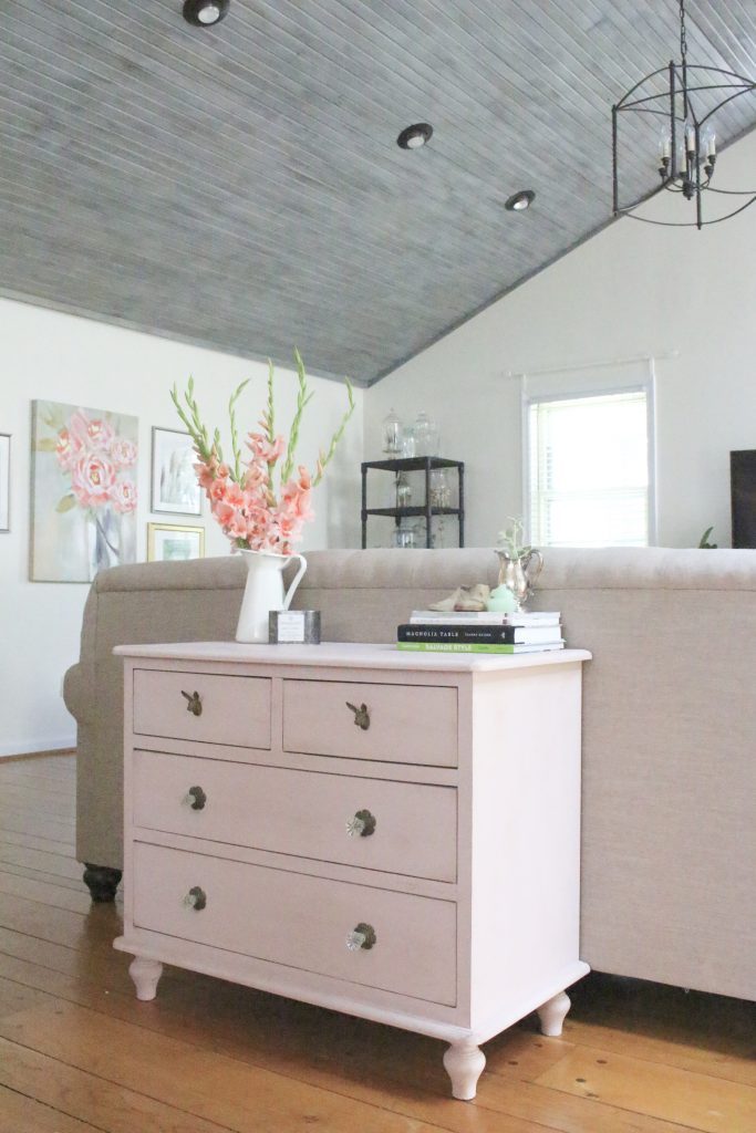Pink paint- dresser- thrift store furniture- Annie Sloan- chalk paint- shabby chic- painted furniture- antique brass pulls- knobs- living spaces- home design ideas- decor ideas- painted ceiling- farmhouse style- family room decorating