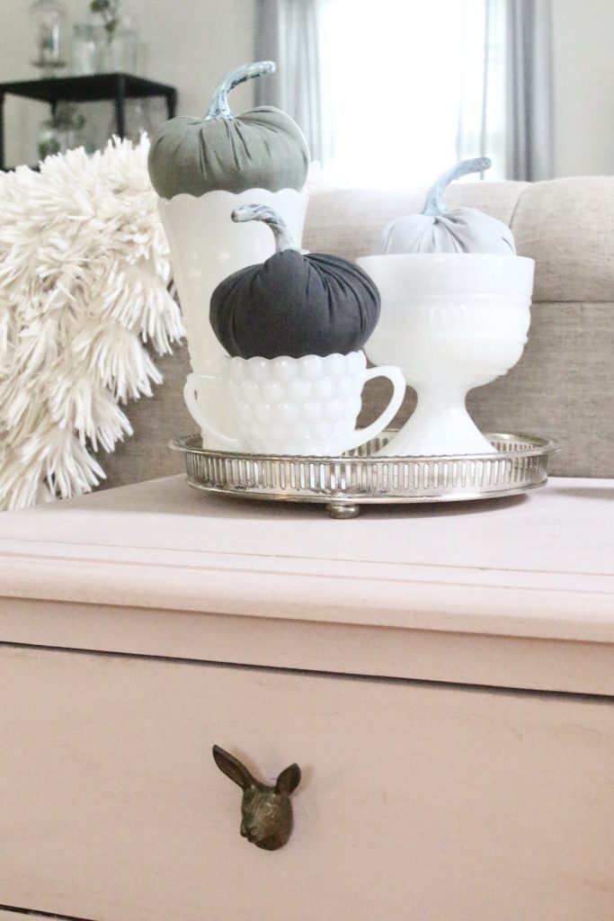 Fall pastels in our family room- pastel colors- neutrals- decorating for fall with pastel- seasonal decor- fall- autumn- living space- room design- wall decor- fall decor- pink- green- gray for autumn- decorating- decor ideas- non traditional colors for fall- pink paint- Annie Sloane