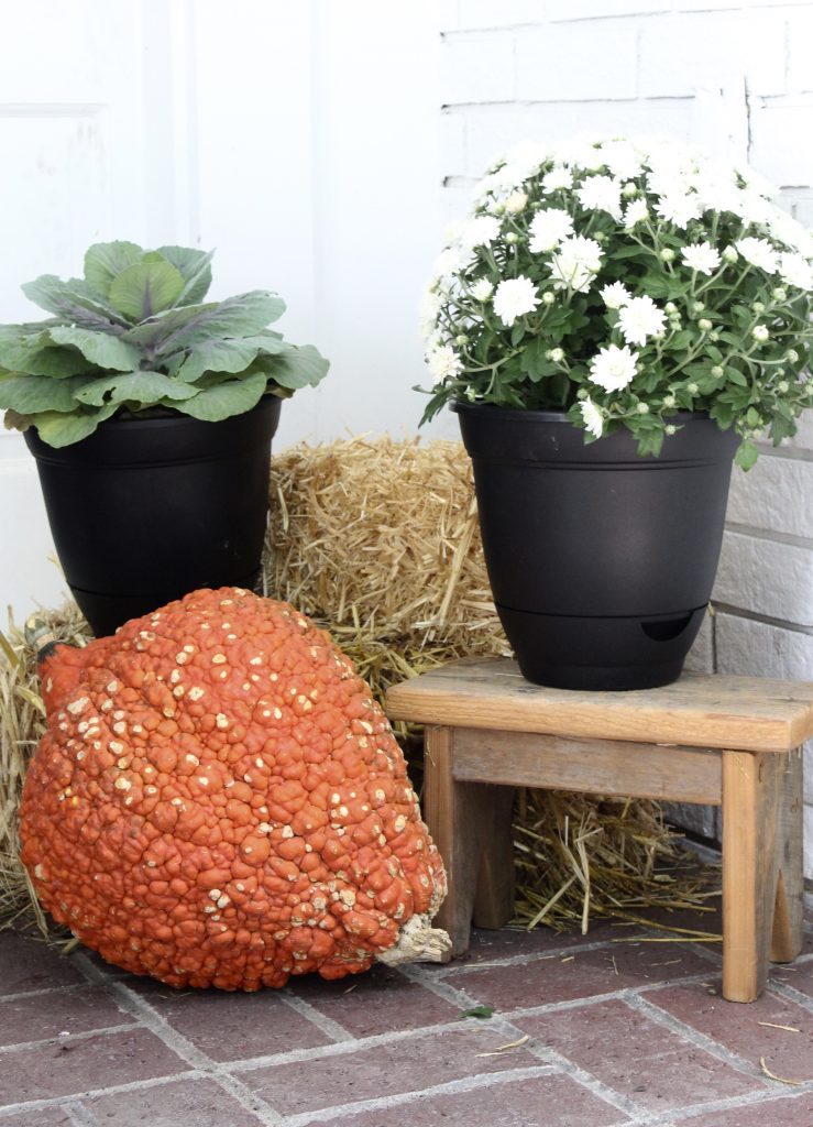 White brick ranch home- fall decor- decorating a small porch for fall- cottage home- outdoor decorating- home design- autumn decor- pumpkins- mums- front porch- handmade wreath- decorating with black and white- hay bales, small fall vignette
