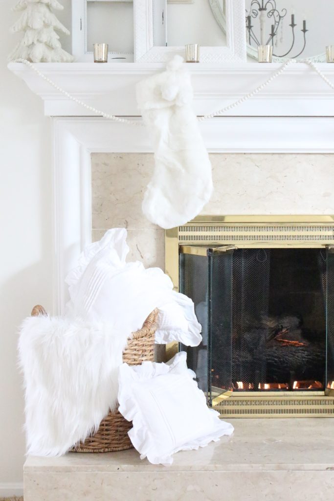 Dreamy- white- Christmas- mantel- mantles- seasonal decor- all-white mantel- cottage style- shabby chic decor- home decor- Christmas bedroom