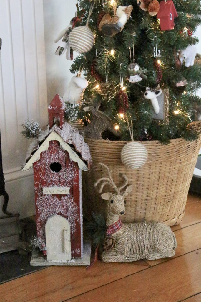Rustic- Christmas- Mantel- mantle- animal ornaments- birch logs- copper bucket- song sheet