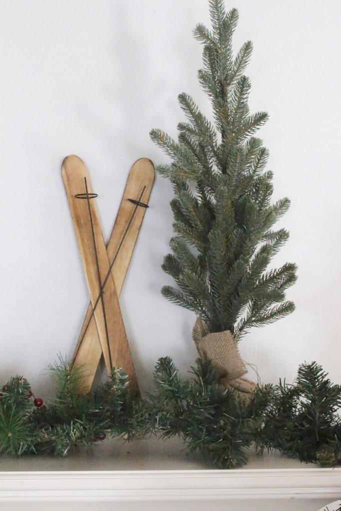 rustic mantel- wooden skis- mini trees- farmhouse Christmas mantel- chalkboard- home decor- birch logs