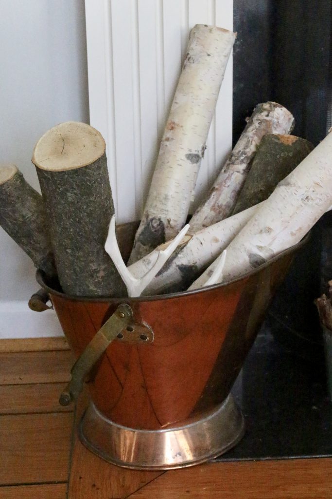 birch logs- copper bucket- Christmas- rustic decor- mantel