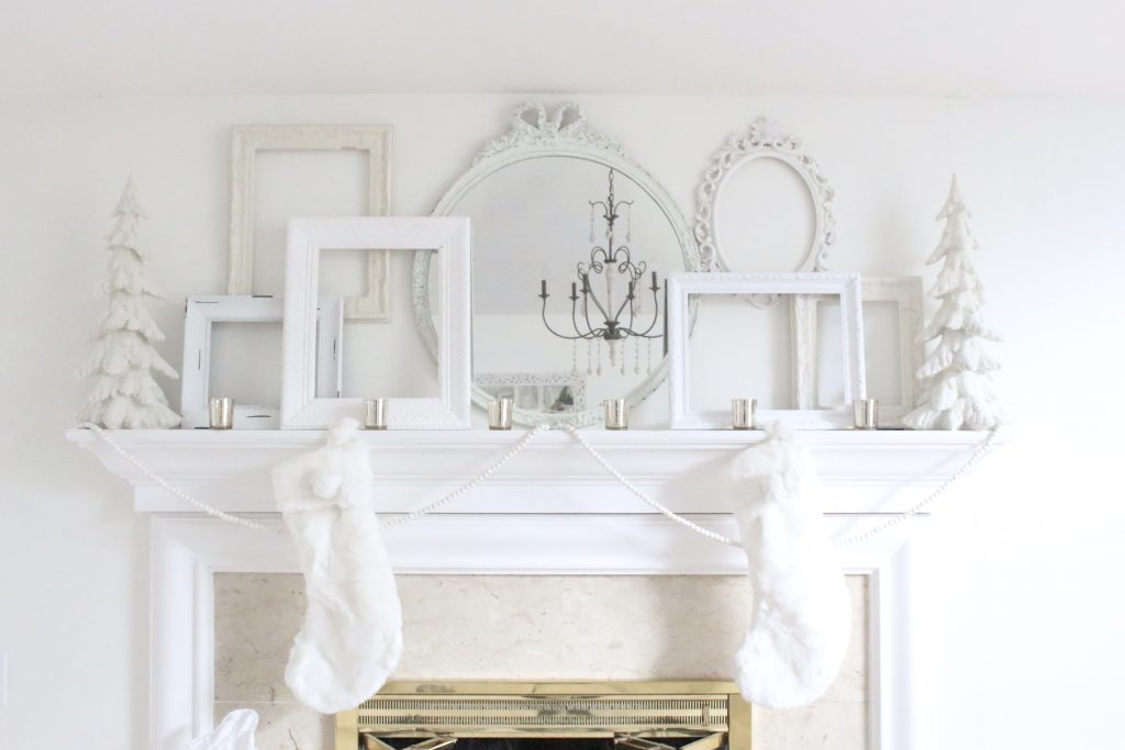 White- Christmas- mantel- Snow White- fireplace- mantels- seasonal decor- all white mantel- shabby chic decor- cottage style mantel- bedroom fireplace