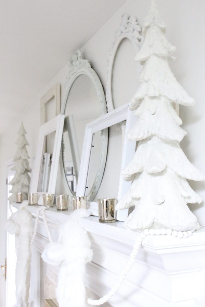 Dreamy- white- Christmas- mantel- mantles- seasonal decor- all-white mantel- cottage style- shabby chic decor- home decor- Christmas bedroom