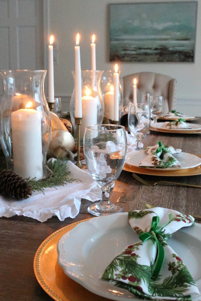 Christmas- green- gold- dining room- elegant- antique brass- candlesticks- candlelight- greenery- farmhouse- cottage