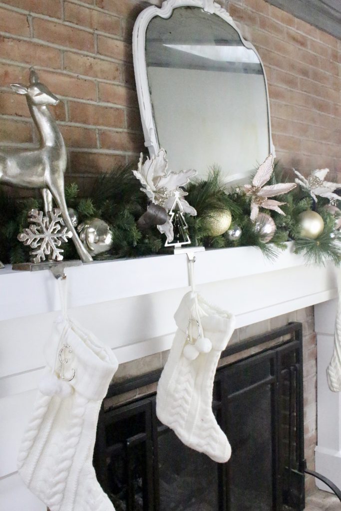 Christmas- decor- seasonal decor- family room at Christmas- pink- silver- gold- decorations- decorating with pastels for Christmas- holiday decor ideas- seasonal decorations- stockings- fireplace Christmas decor- mantel