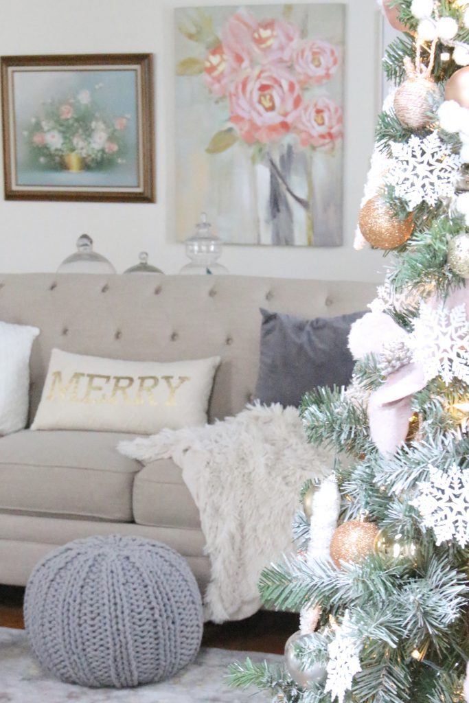 Christmas- decor- seasonal decor- family room at Christmas- pink- silver- gold- decorations- decorating with pastels for Christmas- holiday decor ideas- seasonal decorations