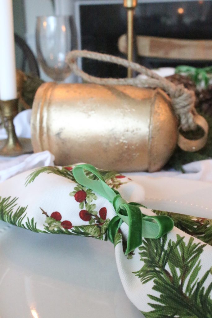 Christmas- green- gold- dining room- elegant- antique brass- candlesticks- candlelight- greenery- farmhouse- cottage