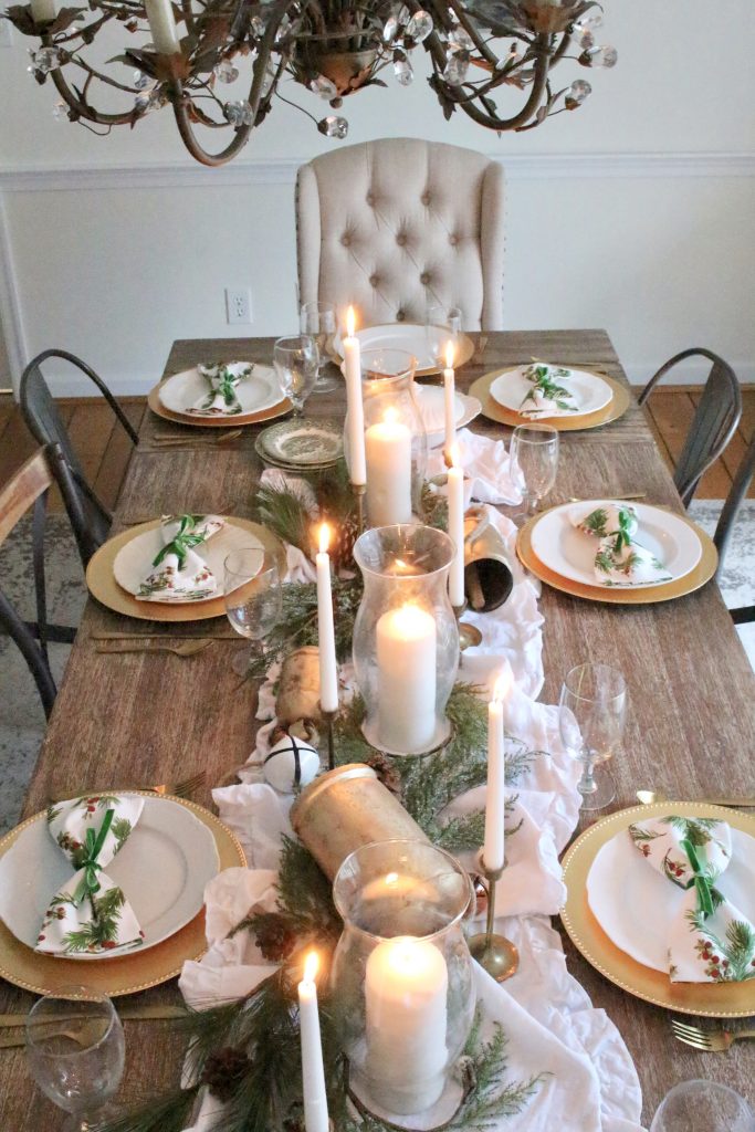 Christmas- green- gold- dining room- elegant- antique brass- candlesticks- candlelight- greenery- farmhouse- cottage