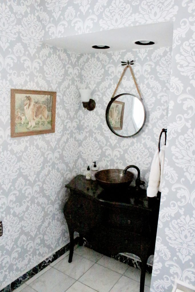 removable wallpaper- peel and stick wallpaper- updating with wallpaper- powder room refresh- small bathroom decorating- bathroom decor- paint by number vintage paintings- bathroom decor ideas- damask wallpaper
