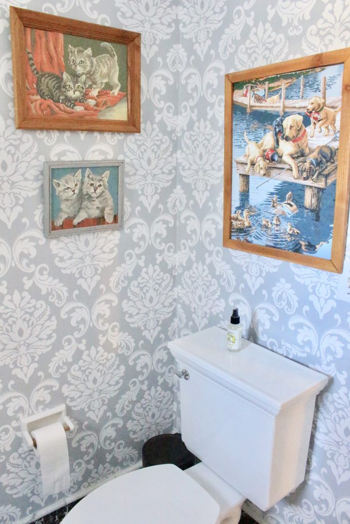 removable wallpaper- peel and stick wallpaper- updating with wallpaper- powder room refresh- small bathroom decorating- bathroom decor- paint by number vintage paintings- bathroom decor ideas- damask wallpaper