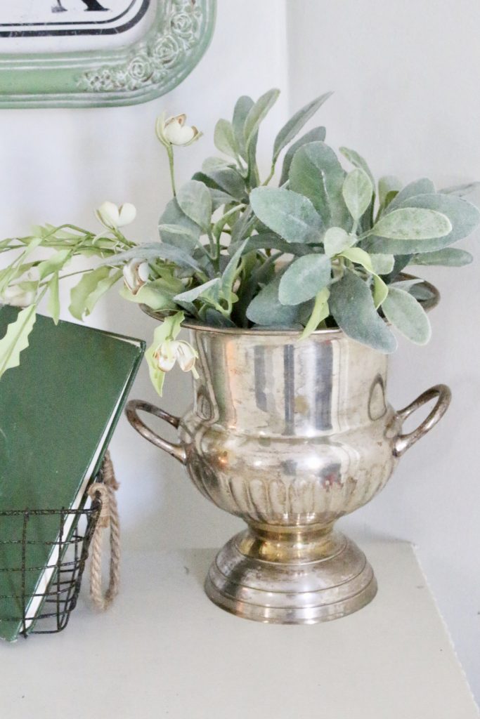 vintage- arrangement- green- florals- faux flowers- decor- green in decor- spring decor