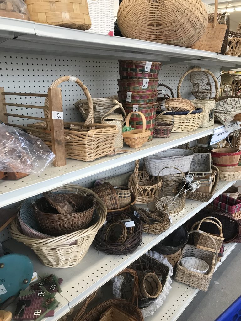 vintage baskets in a thrift store