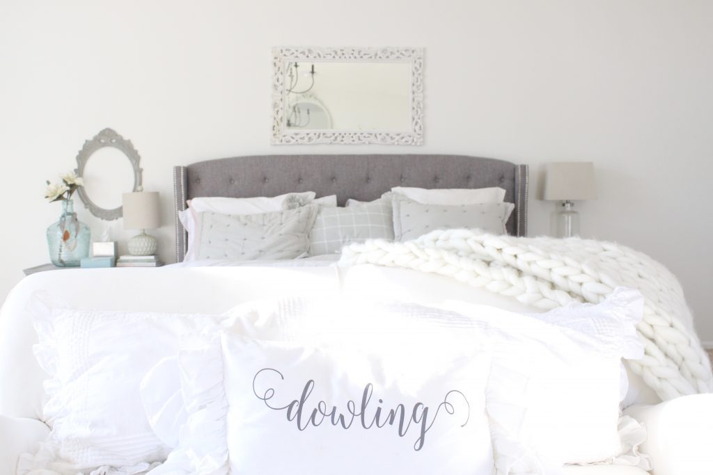 spring decor- master bedroom- spring decor- bedroom decor- bedroom-white decor- shabby chic decor- feminine decor- spring in the bedroom- floral prints- mantel decor- faux milk glass
