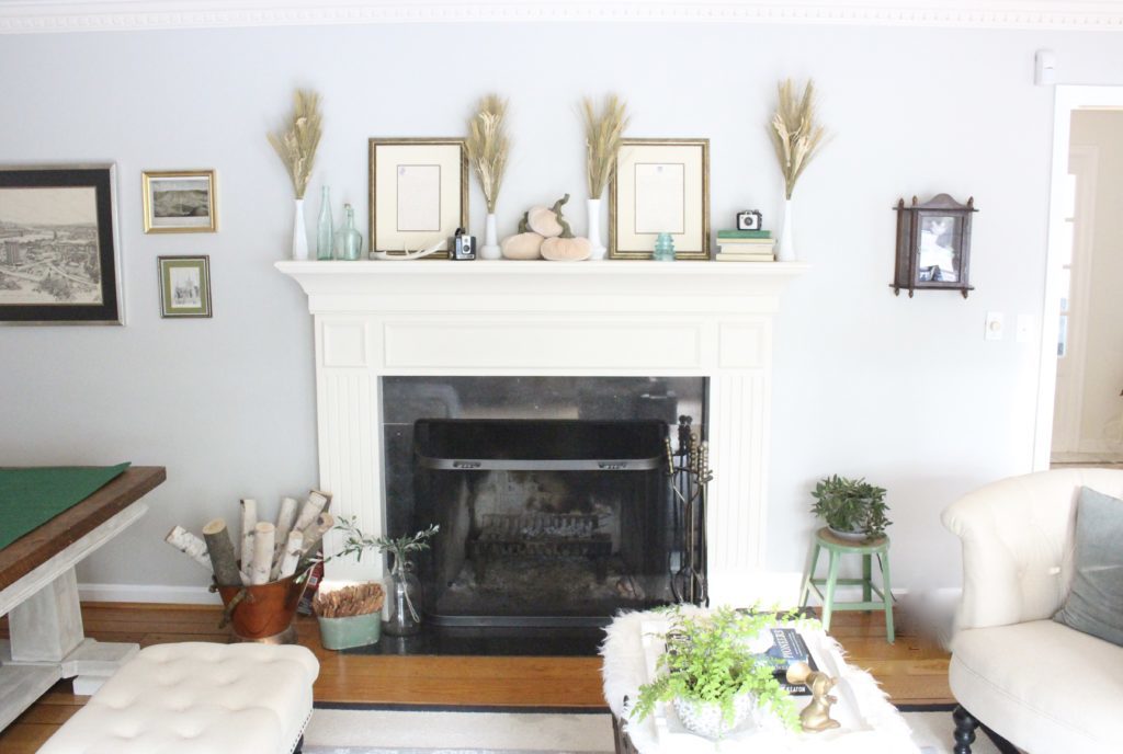 Transitional Fall Mantel- how to decorate the easy way for fall- mantel decor- mantles- decorating a fall mantel- autumn decor- decorating with wheat- pumpkins