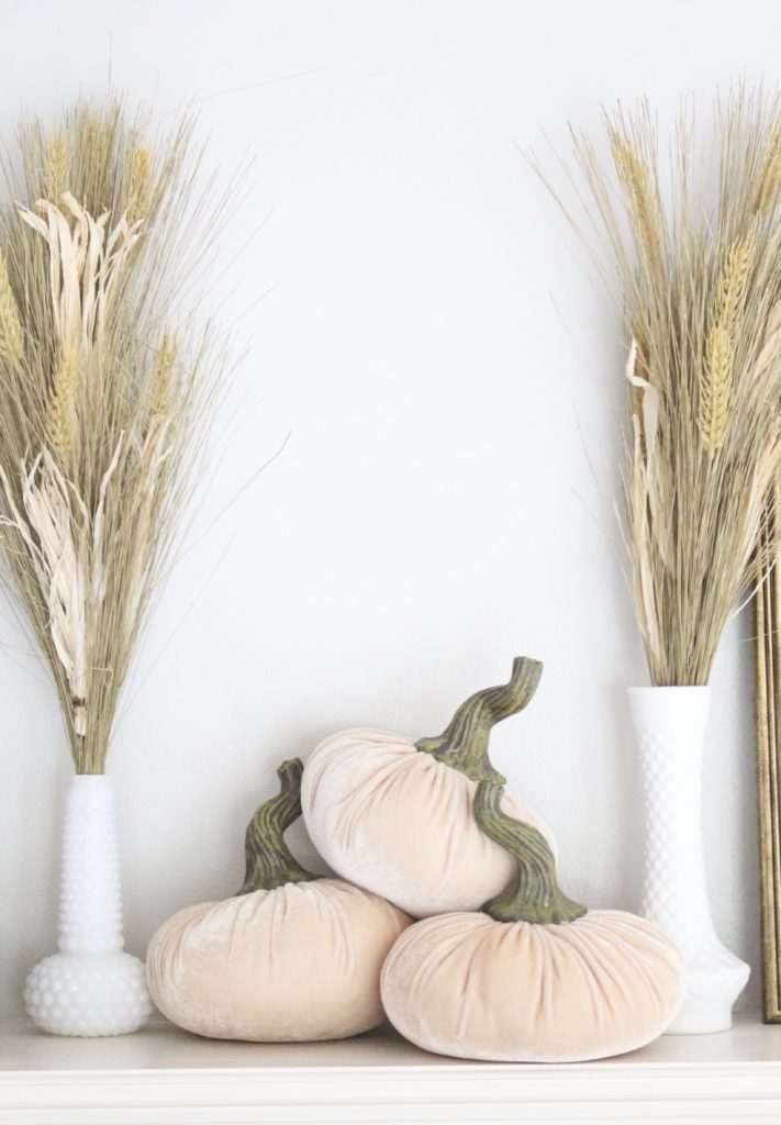 Transitional Fall Mantel- how to decorate the easy way for fall- mantel decor- mantles- decorating a fall mantel- autumn decor- decorating with wheat- pumpkins-milk glass- vintage finds- decorating with thrift store finds