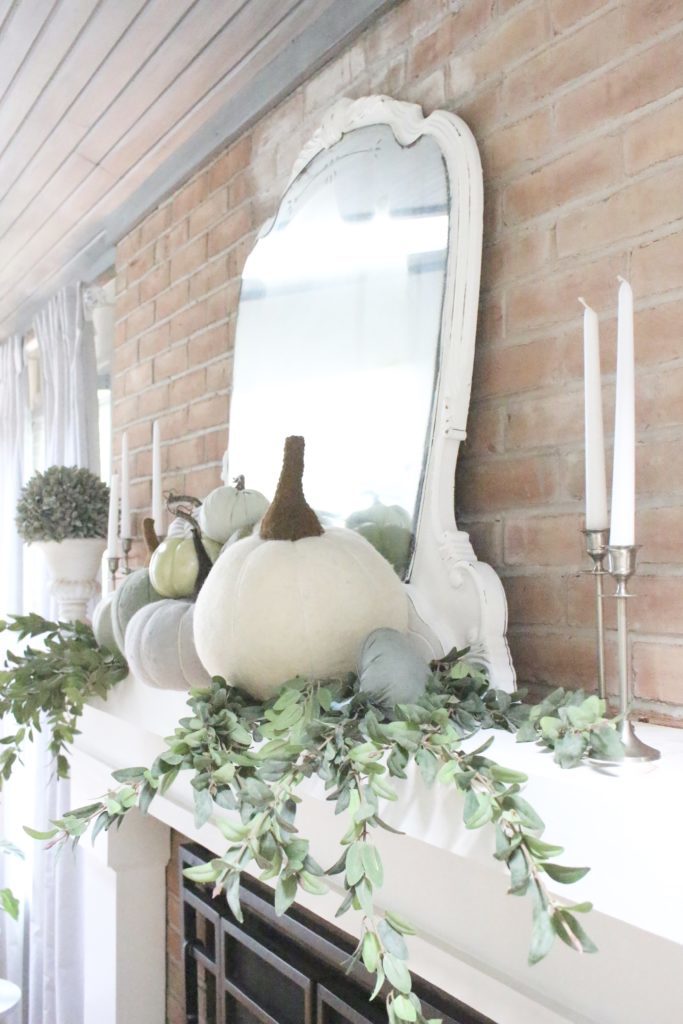 Decorating for fall with Subtle Colors- fall decor with pastel colors- pastel colors- green- gray for fall- living room fall decor- mantel decor for fall- subtle fall- simple fall decorations- mantel decor with pumpkins