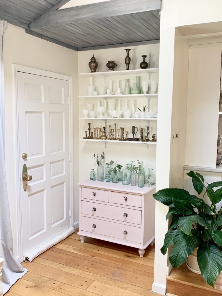 New Shelving in a Small Nook, pink dresser, pink, collections, collectibles, displaying collectibles, wall shelving, DIY shelving, small space display, milk glass decor, brass candlesticks, white milk glass, vintage collections, displaying vintage items