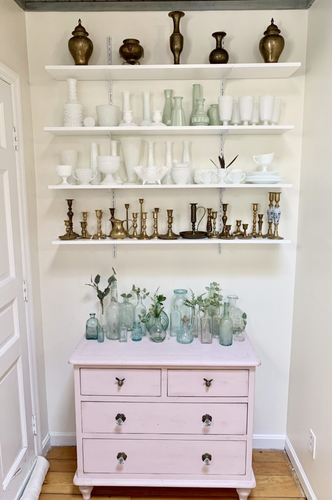 New Shelving in a Small Nook, collections, collectibles, displaying collectibles, wall shelving, DIY shelving, small space display, milk glass decor, brass candlesticks, white milk glass, vintage collections, displaying vintage items