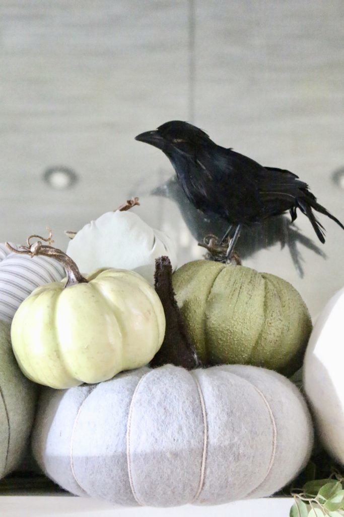 Fall Mantel Updated for Halloween- halloween mantel- crows- bat skeleton- pumpkins- pumpkin patch mantel- cottage style- halloween decor- fireplace decor- decorations for Halloween- wool pumpkins