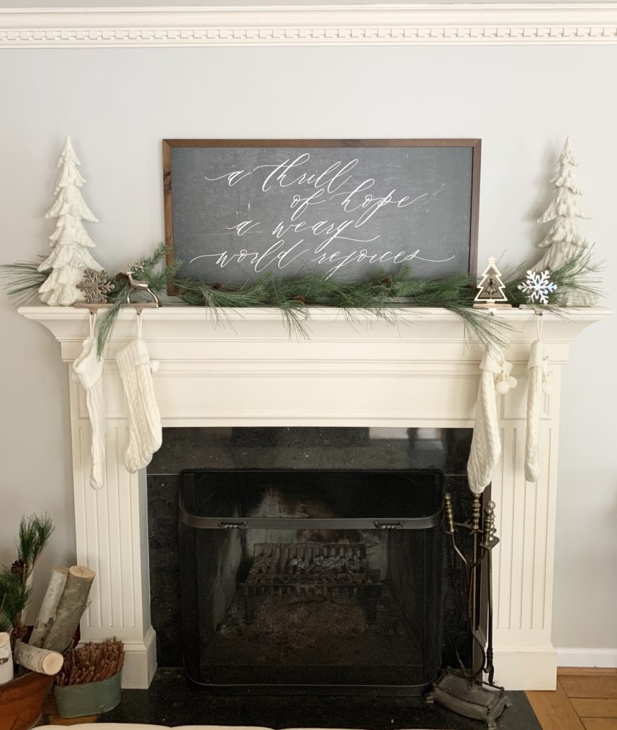 Christmas Cheer in our Library- plaid- traditional Christmas- holiday decor- holiday decorating- seasonal decor- animal ornaments- Christmas decorating- decorating with animal ornaments- brass- green- living room decorating- Smallwoods- Christmas sign