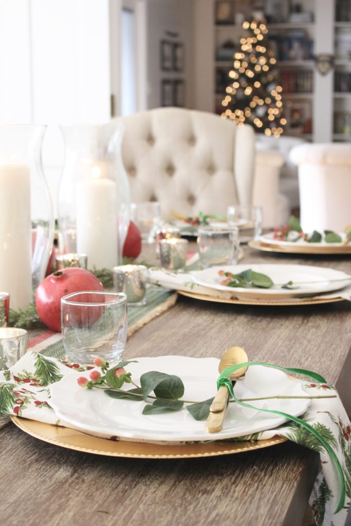Elegant Christmas Table Setting- pomegranates- table- Christmas table- red and green table- elegant table setting- dining room decor- dining table- candlelight Christmas table