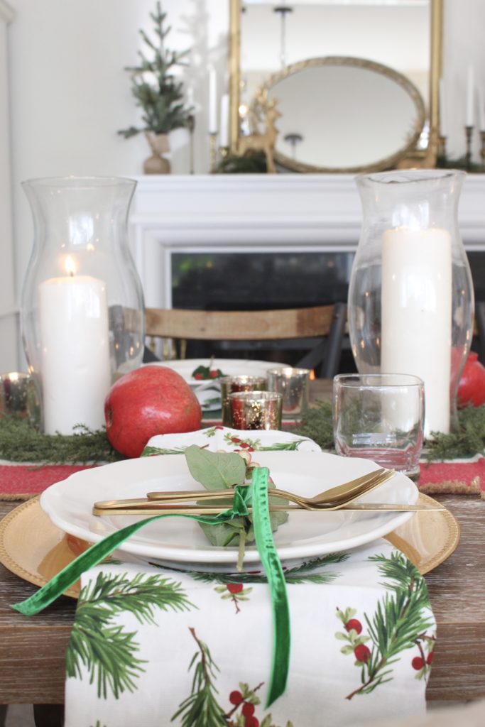 Elegant Christmas Table Setting- pomegranates- table- Christmas table- red and green table- elegant table setting- dining room decor- dining table- candlelight Christmas table