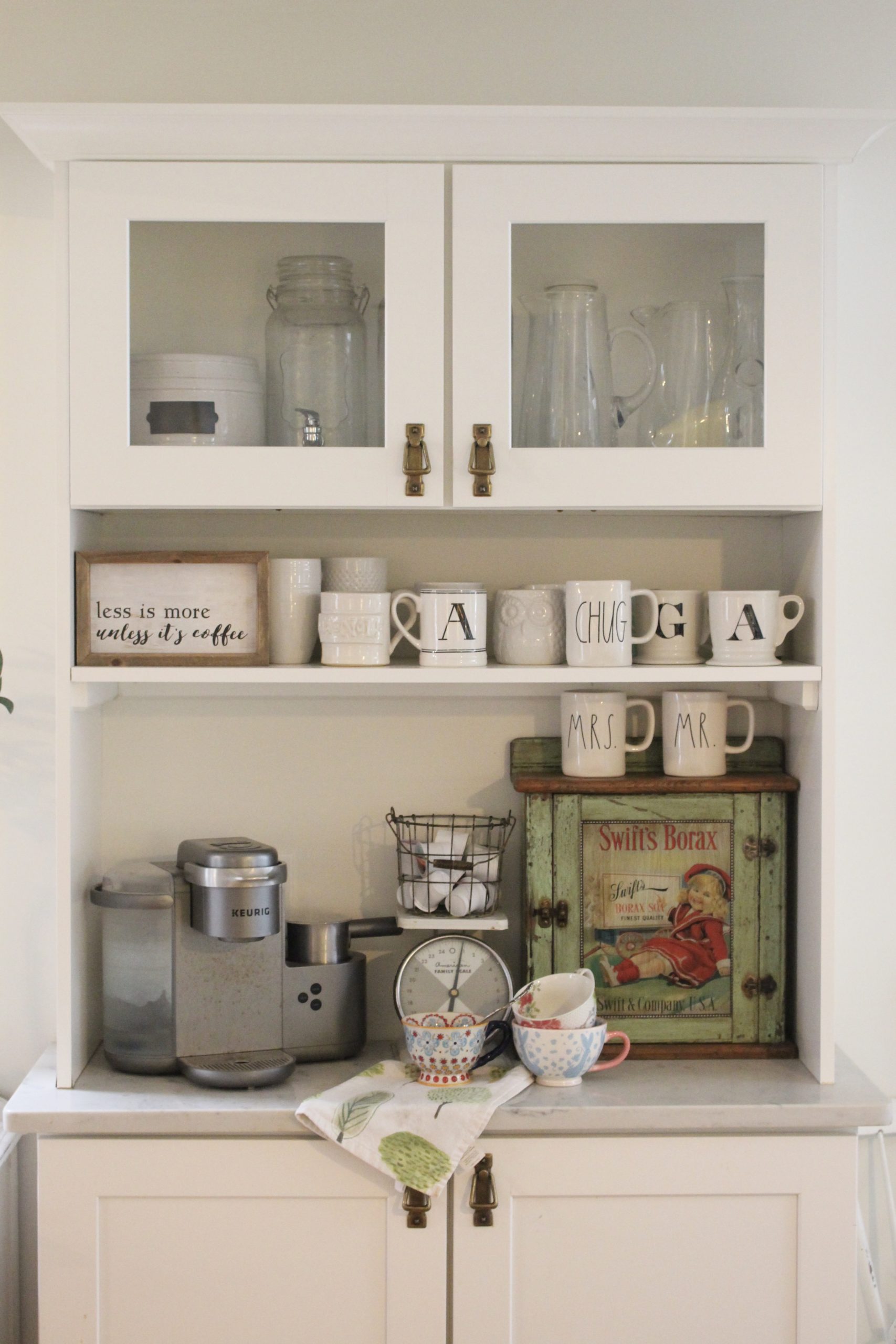 Thrift Store Cabinet Updated with Chalk Paint for a Coffee Bar.- diy- projects- painting furniture- using chalk paint- updating furniture- rusteoleum linen white chalk paint- coffee bar- coffee station