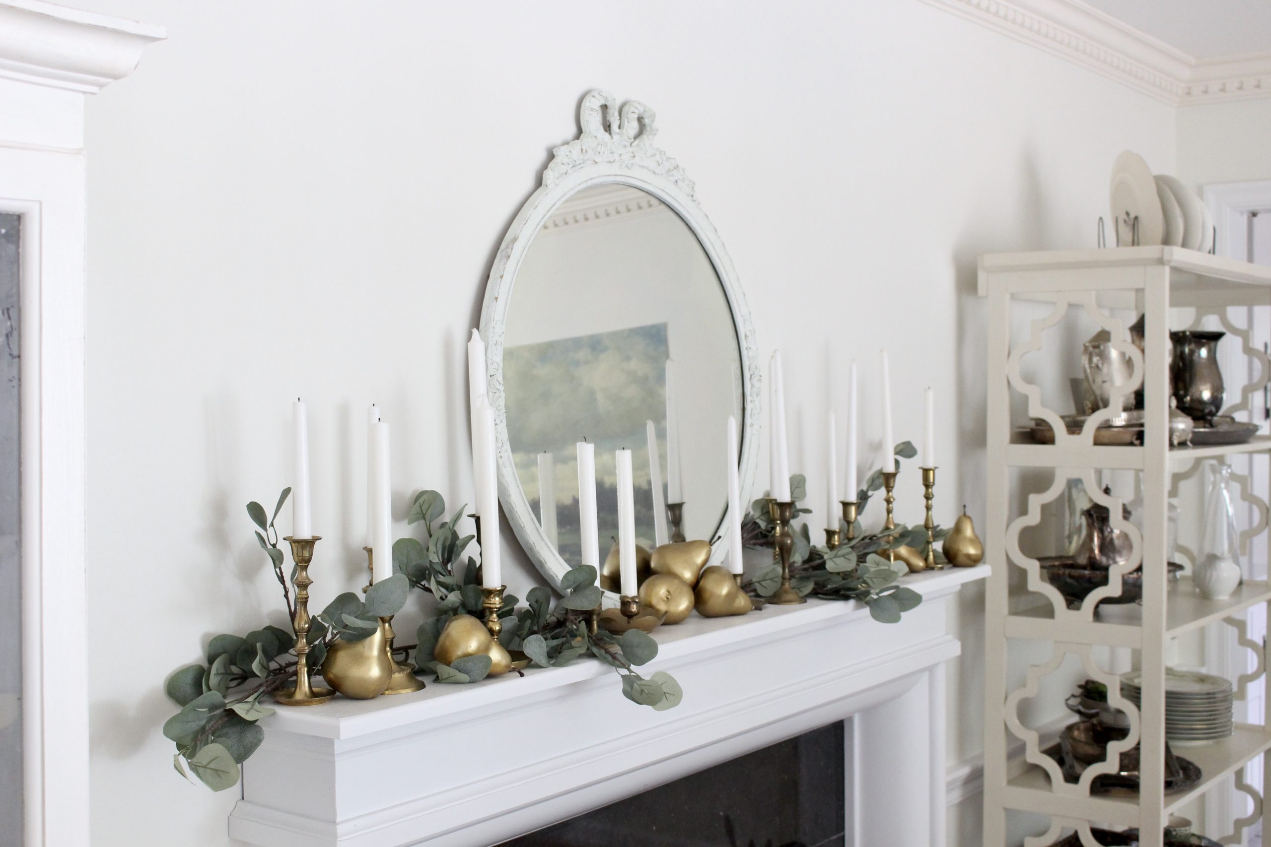 Fall Mantel decorated with vintage candlesticks and diy gold pears~ White Cottage Home & Living