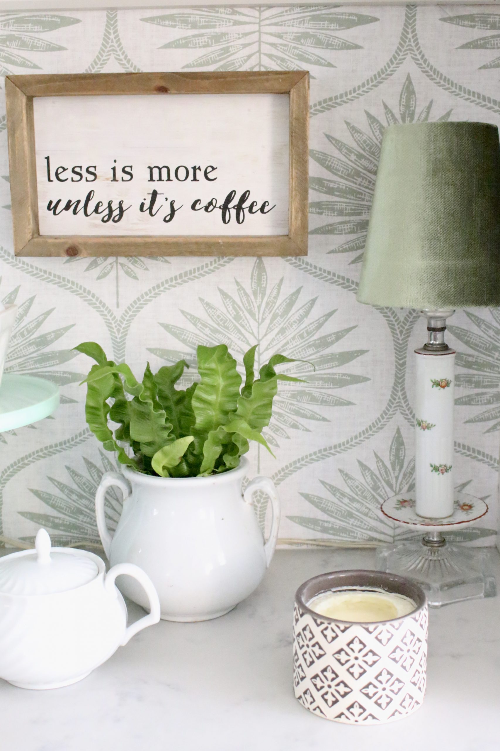 Updating a Coffee Station Using Removable Wallpaper~ White Cottage Home & Living
