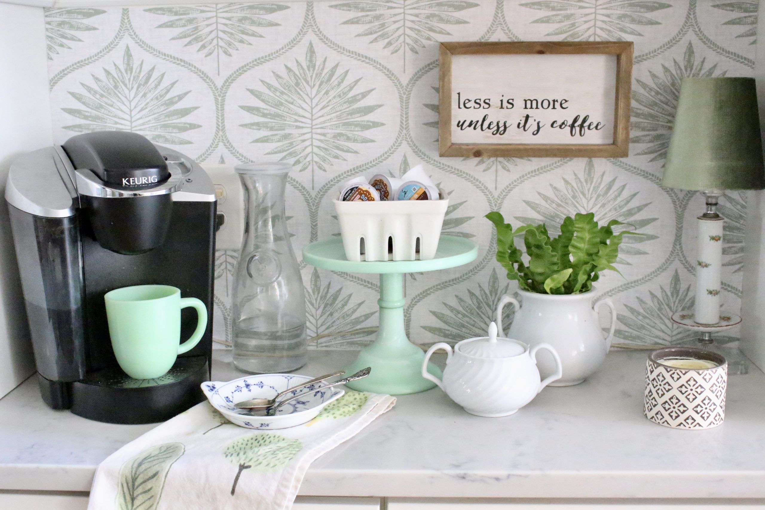 Updating a Coffee Station Using Removable Wallpaper~ White Cottage Home & Living