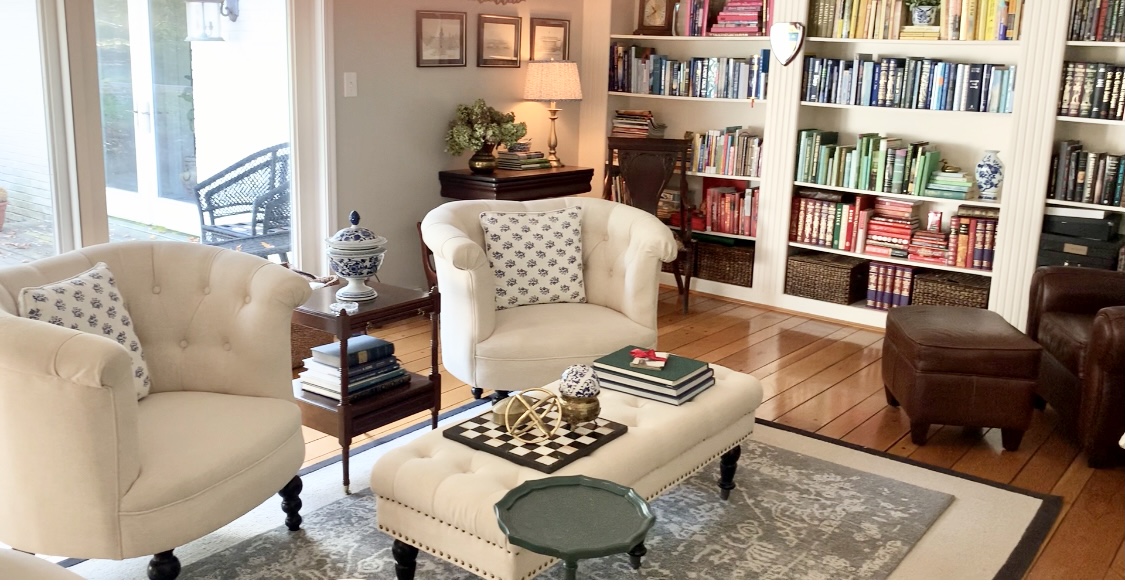 Before & After Library/ Living Room; White Cottage Home & Living