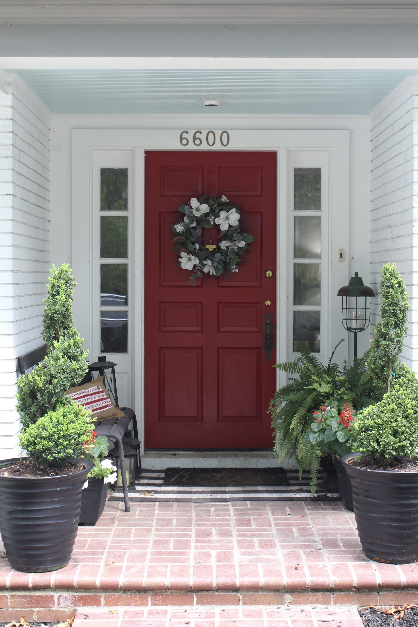Red Door on Exterior White Brick Ranch Home~ White Cottage Home & Living
