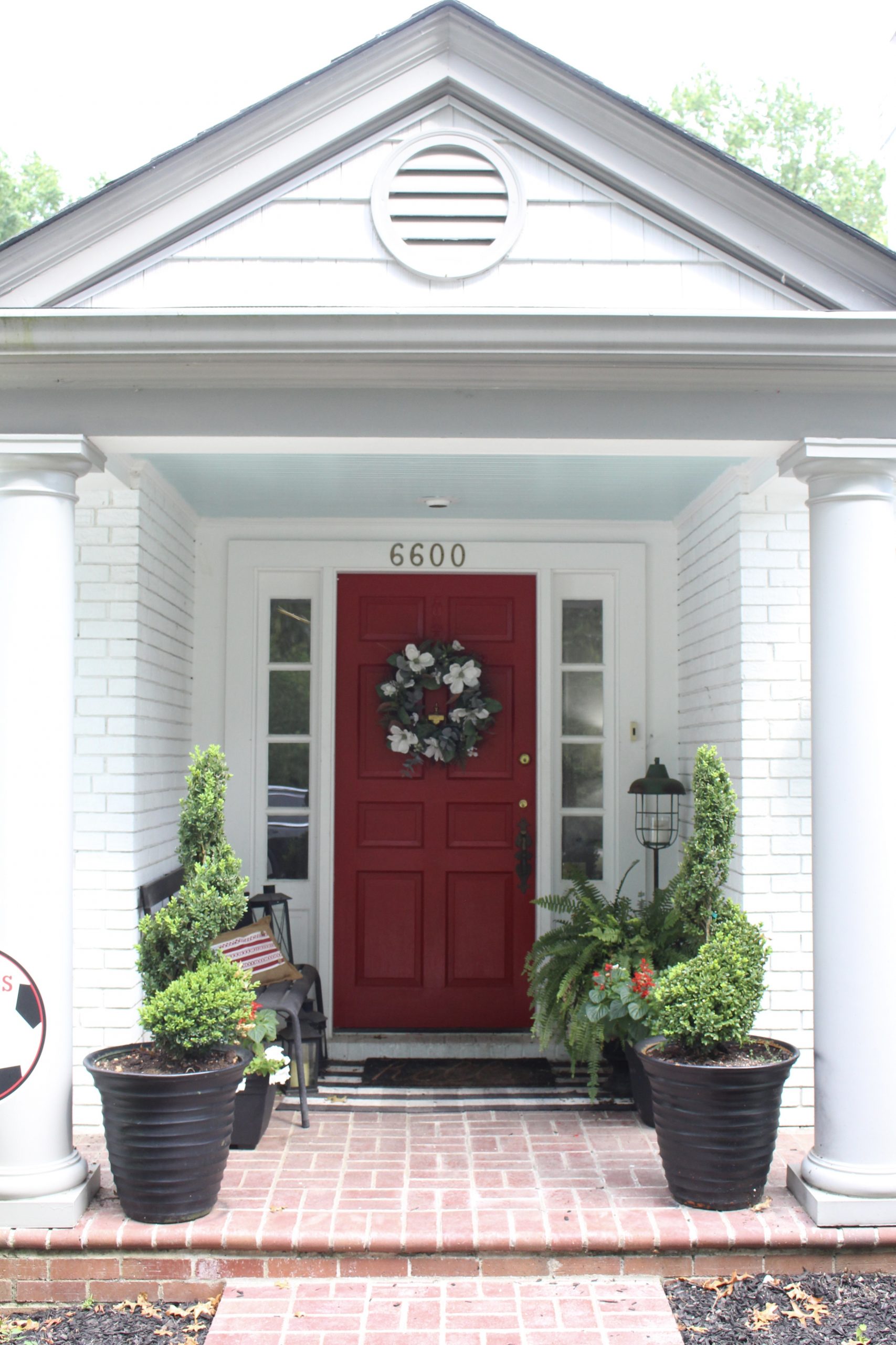Red Door on Exterior White Brick Ranch Home~ White Cottage Home & Living