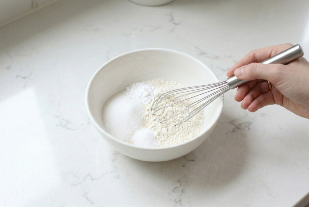 Hand whisking plain flour, caster sugar and baking powder together in a white bowl on a marble kitchen worktop