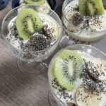 Kiwi granola bowls in vintage glass dishes
