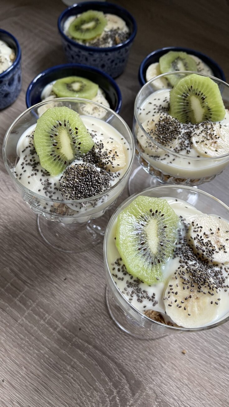 Kiwi granola bowls in vintage glass dishes