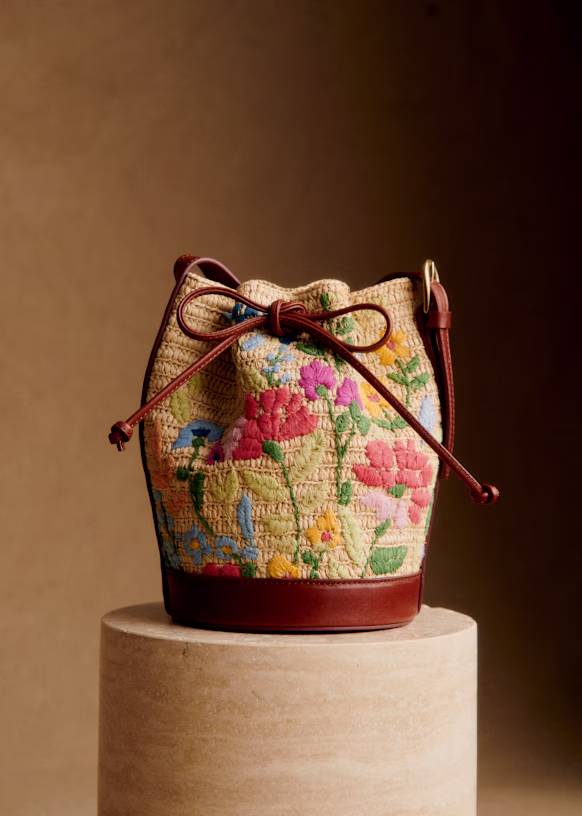 The Mini Farrow Raphia Bag with Multicolour Embroidered Flowers