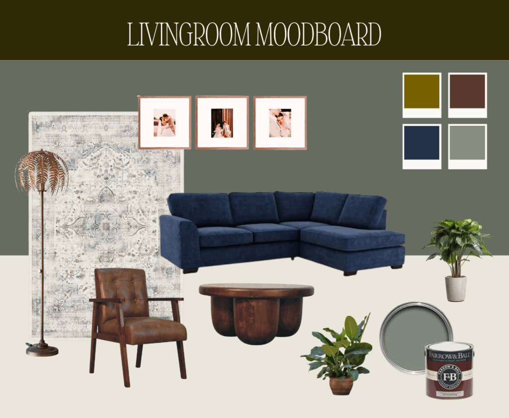 Living room moodboard featuring navy velvet sofa, green walls in Farrow & Ball Card Room Green, leather chair, walnut coffee table, and brass floor lamp.