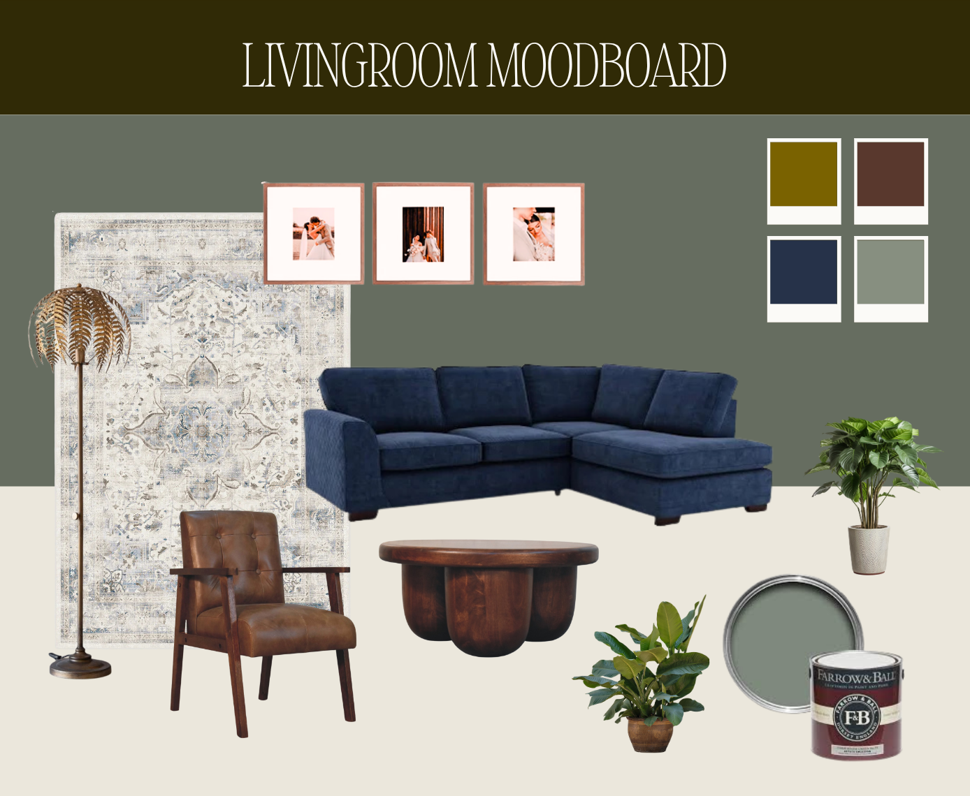 Living room moodboard featuring navy velvet sofa, green walls in Farrow & Ball Card Room Green, leather chair, walnut coffee table, and brass floor lamp.