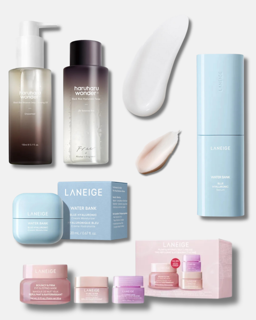 Flatlay of Korean skincare products including Laneige Water Bank moisturizer, serum, and sleep mask, plus Haruharu Wonder black rice toner and cleansing oil on white background