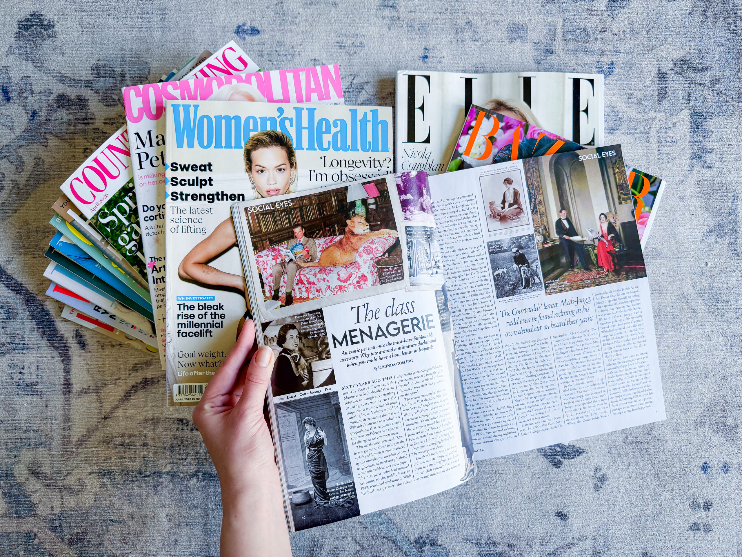A hand holding open a copy of Tatler magazine with a stack of UK magazine subscriptions including Women's Health, Cosmopolitan, Elle and Harper's Bazaar in the background