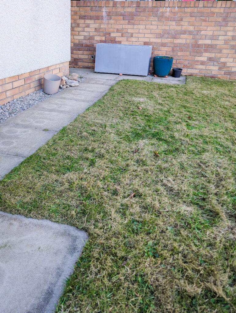 The awkward strip of grass between the patio and the brick wall before building the raised vegetable planter