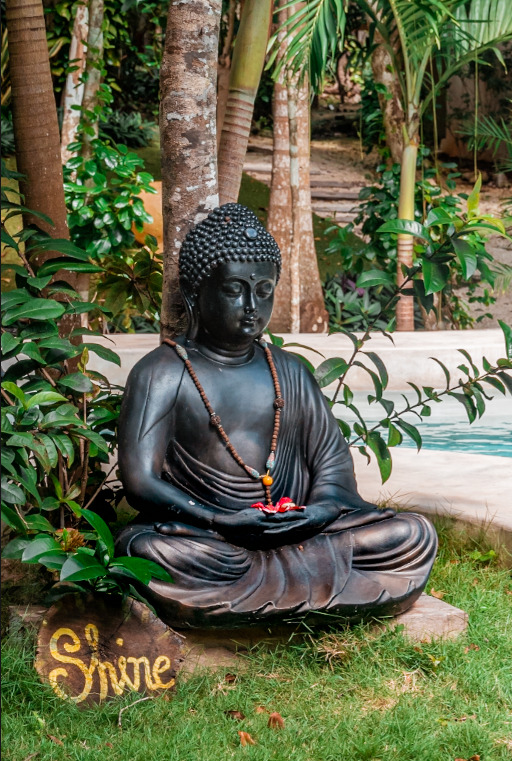 Large bronze Buddha statue seated in the lush jungle garden at Cachito de Cielo Tulum, surrounded by tropical palms and greenery