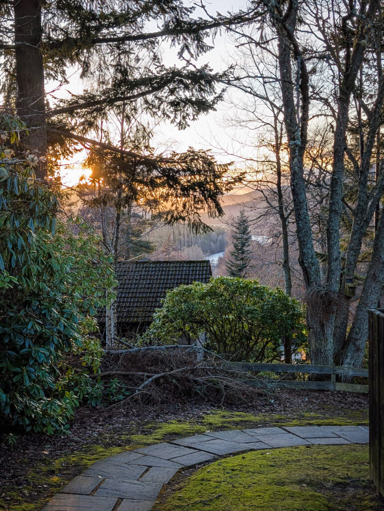 Golden sunset view through mature trees in the grounds of Craigendarroch in Royal Deeside, with a stone pathway and wooded hills in the distance